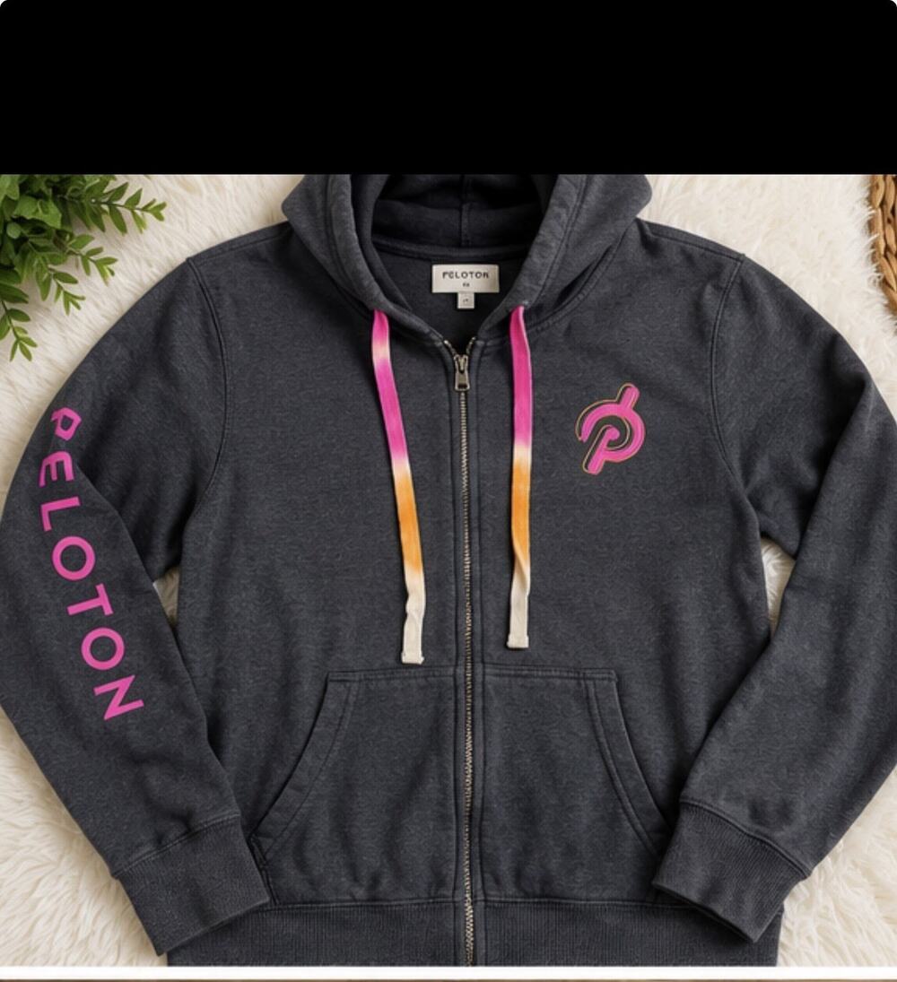 Peloton Full Zip Hoodie Women’s Medium Gray Pink Orange Drawstrings